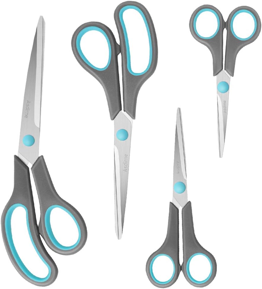 Asdirne Scissors Set of 4, Premium Stainless Steel Razor Blades, Ergonomic Semi-Soft Rubber Grip, Suitable for School, Office and Family Daily Use, 9.6''/8.5''/6.4"/5.4", Blue&Gray