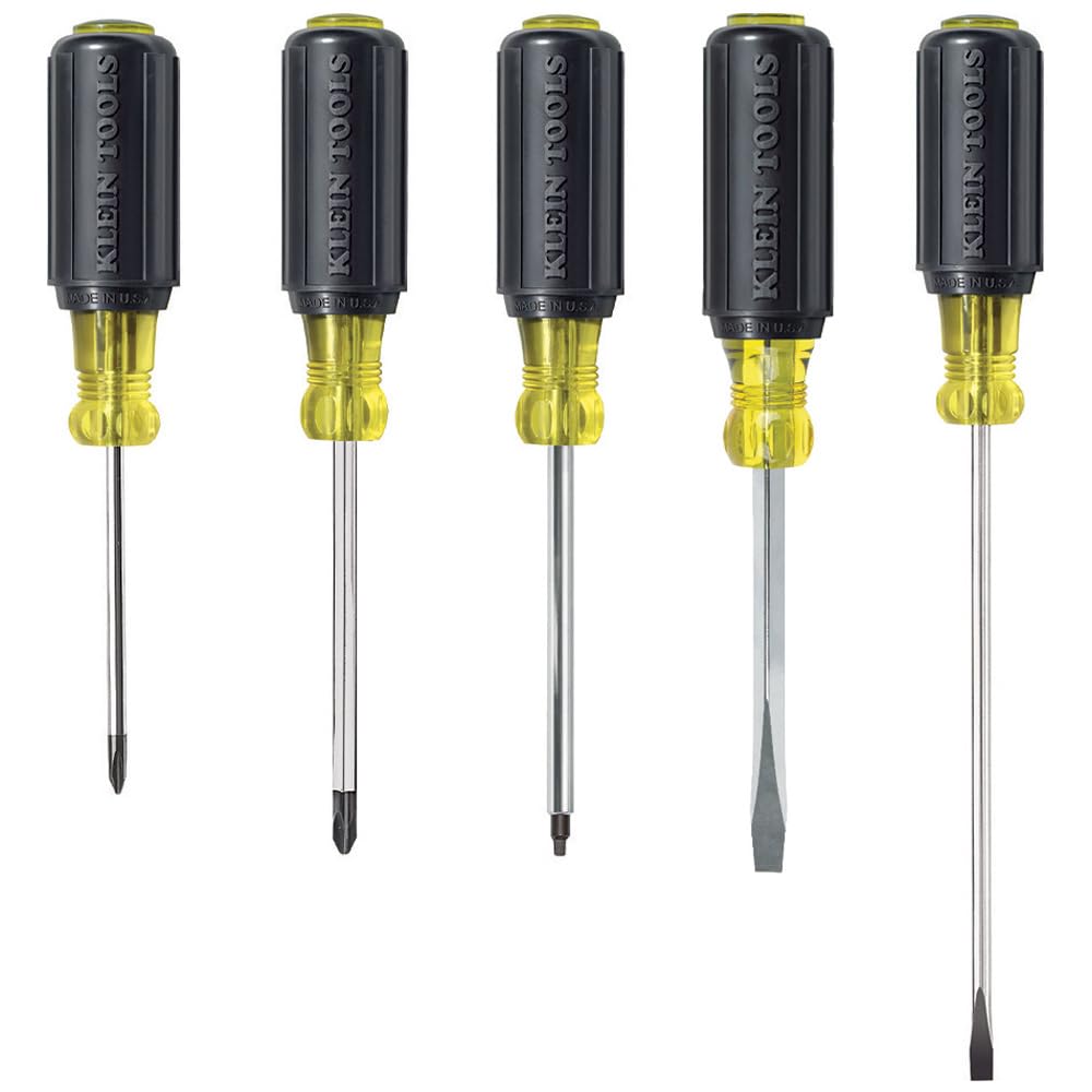 Klein Tools 80031 Screwdriver Set, Made in USA, 5-Piece Kit Includes 2 Slotted, 2 Phillips and 1 Square Tip Screwdriver, Cushion Grip Comfort