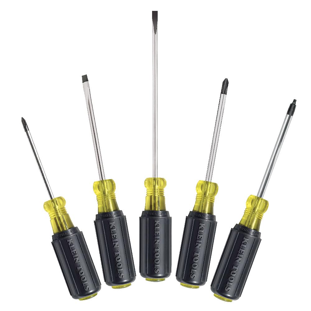 Klein Tools 85445 Screwdriver Set, Made in USA, Slotted, Phillips and Square Tip Drivers, Non-Slip Cushion Grip, 5-Piece