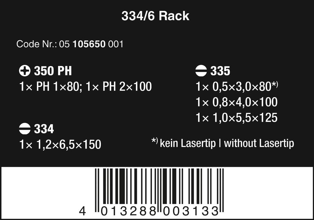 Wera 05105650001 334/6 RACK SCREWDRIVER SET KRAFTFORM PLUS LASERTIP AND RACK 6 PIECES