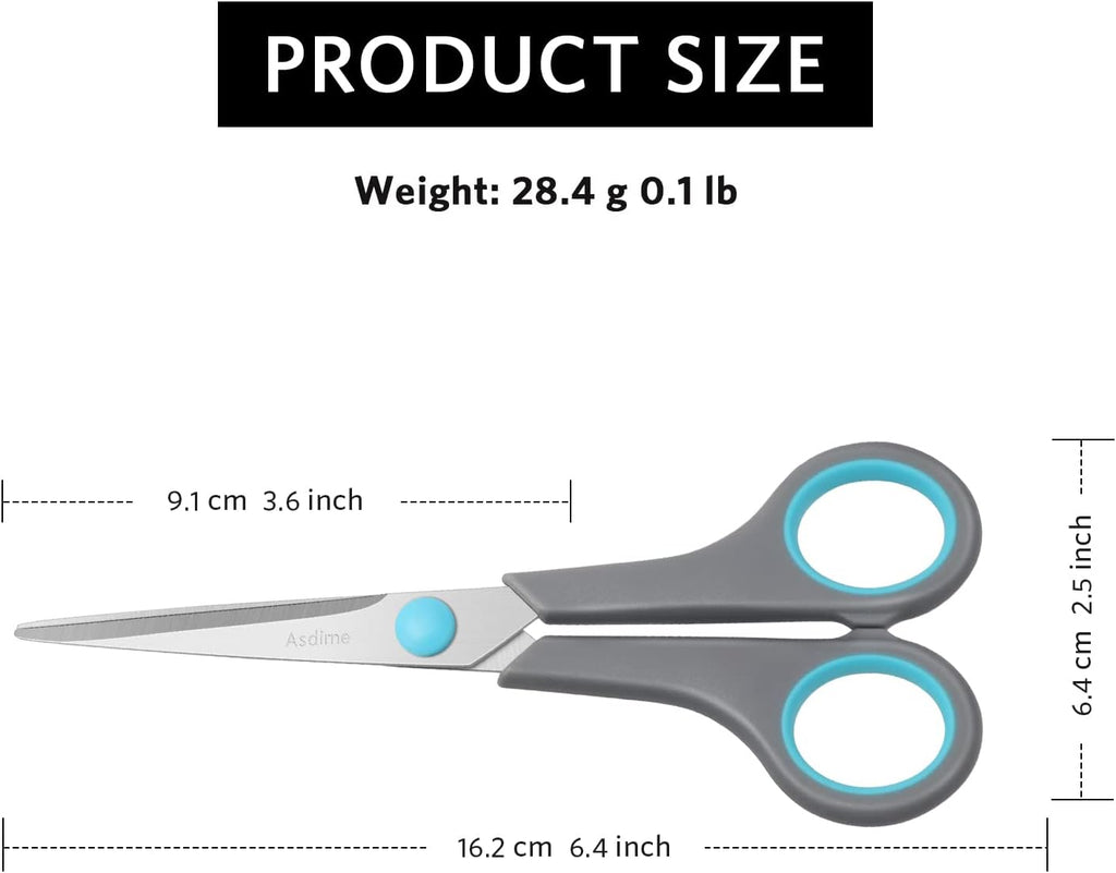 Asdirne 6.4" Scissors, Stainless Steel Blades, Soft Grip Handle, Suitable for Households,Offices and Schools, All Purpose, Blue/Grey