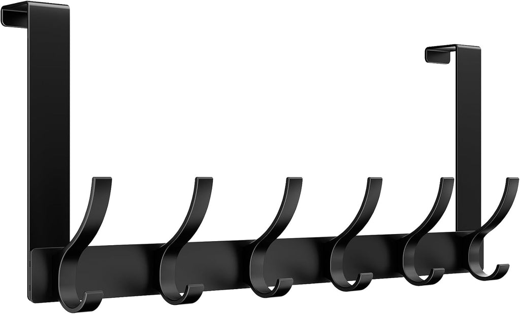 Optish Over The Door Hooks, Door Hanger Hooks for Hanging, Towel Racks for Bathroom with 12 Coat Hook, Coat Rack College Dorm Essentials Bathroom Accessories（1 Pack, Black）