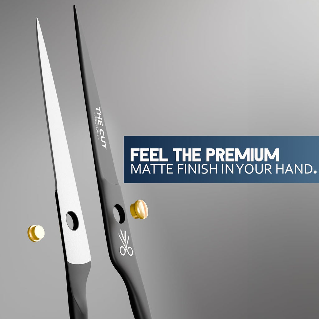 The Cut Factory® Hair Scissors & Hair Cutting Scissors - 6.5” Matte Black Professional Barber Shears with Micro-Serrated Blade, Gift Box & Leather Pouch