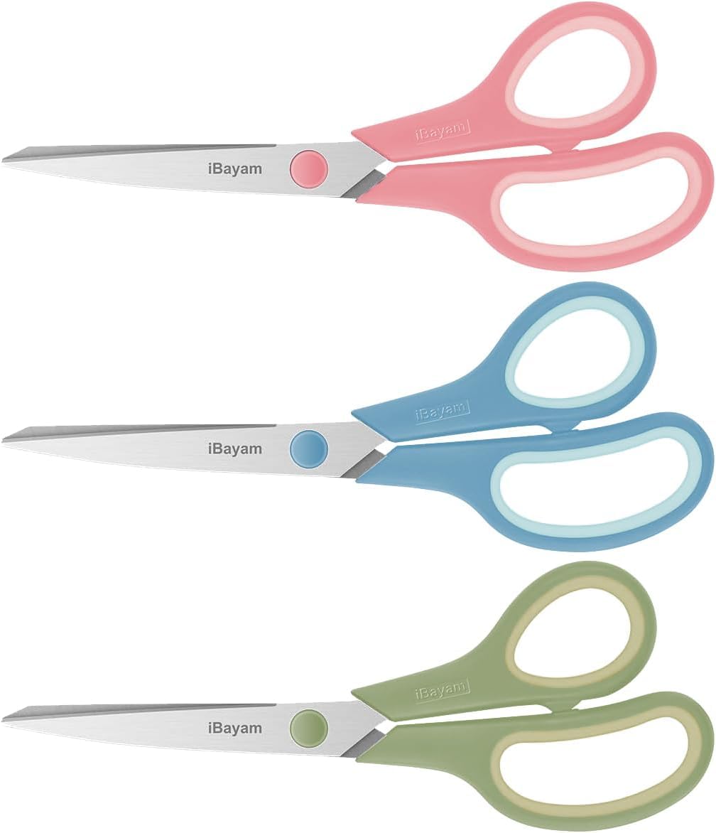 iBayam 8.5" Pastel Scissors All Purpose Heavy Duty 3Pack, 2.5mm Sharp Blade