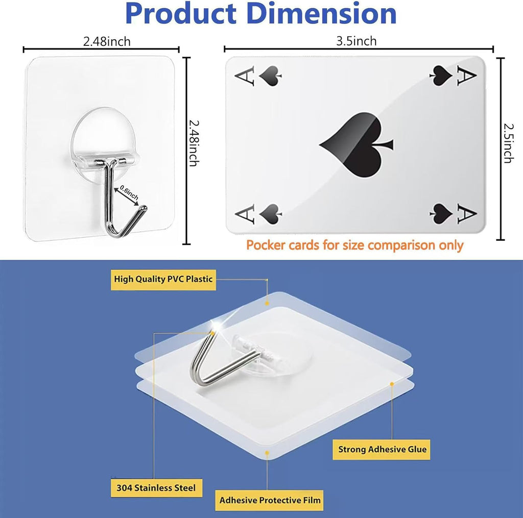 JINSHUNFA Adhesive Wall Hooks No Drill Clear Heavy Duty,13LB Sticky 8 Pack