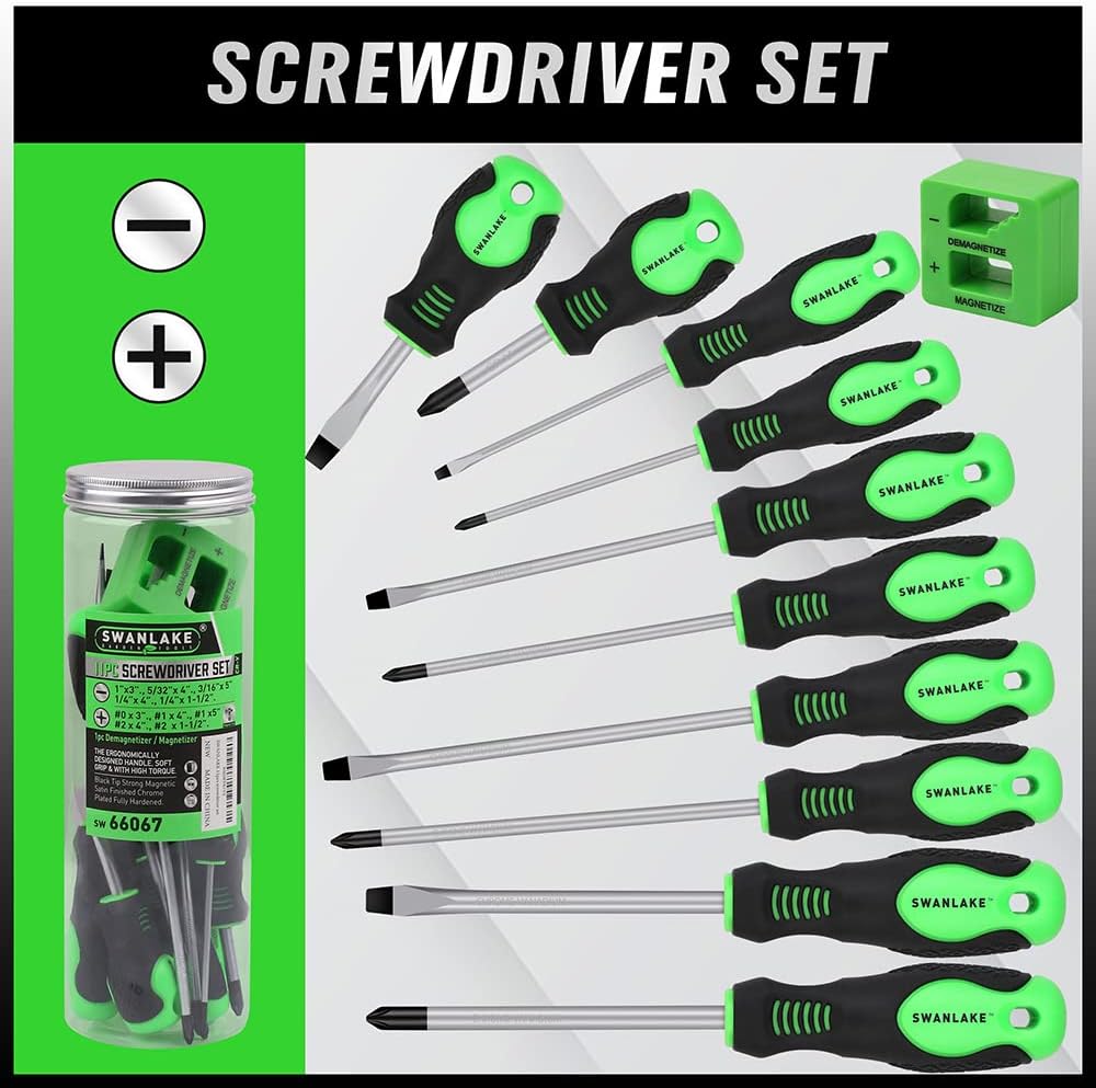 SWANLAKE 11PCS Screwdriver Set, Magnetic 5 Phillips and 5 Flat Head Tips for Fastening and Loosening Seized (11PCS)