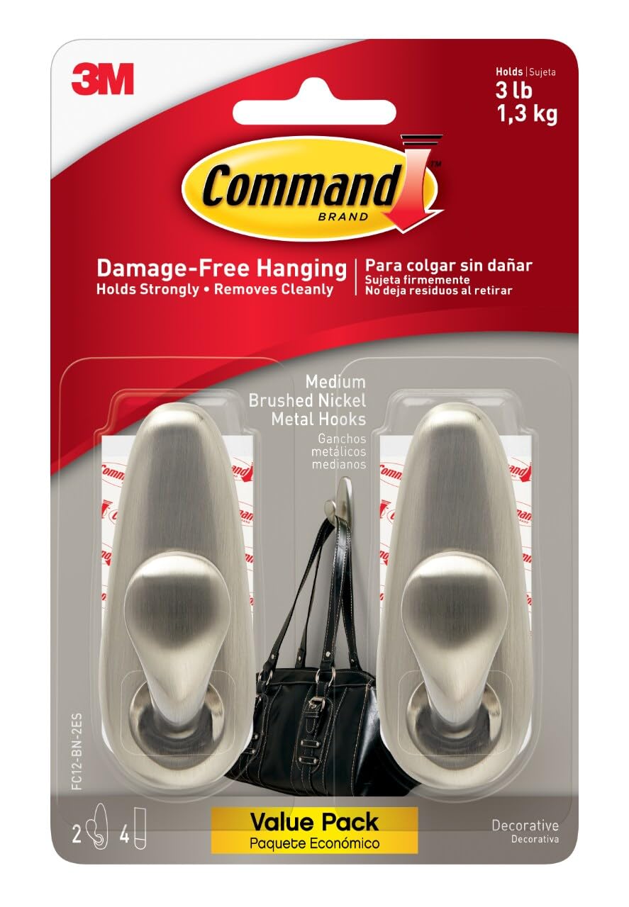 Command 5 lb Large Brushed Nickel Metal Hooks, 2 Coat Hooks and 4 Strips, Damage-Free Hanging with Adhesive, Great for Hanging Back to School Dorm Organizers
