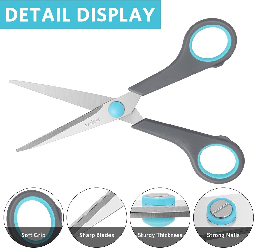 Asdirne 6.4" Scissors, Stainless Steel Blades, Soft Grip Handle, Suitable for Households,Offices and Schools, All Purpose, Blue/Grey