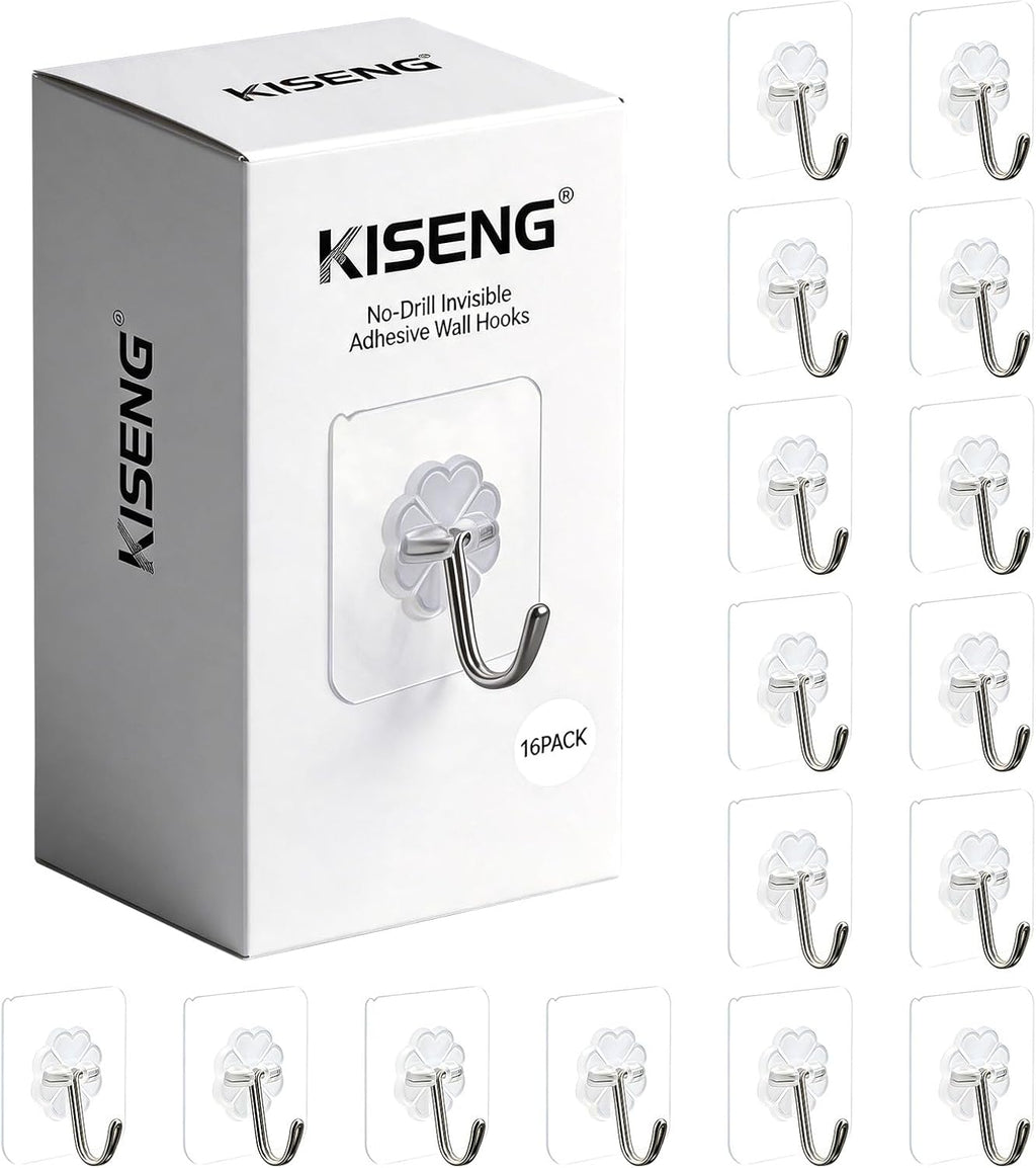 16 Pack Crystal Clear Adhesive Hooks for Hanging, Heavy Duty 22lb