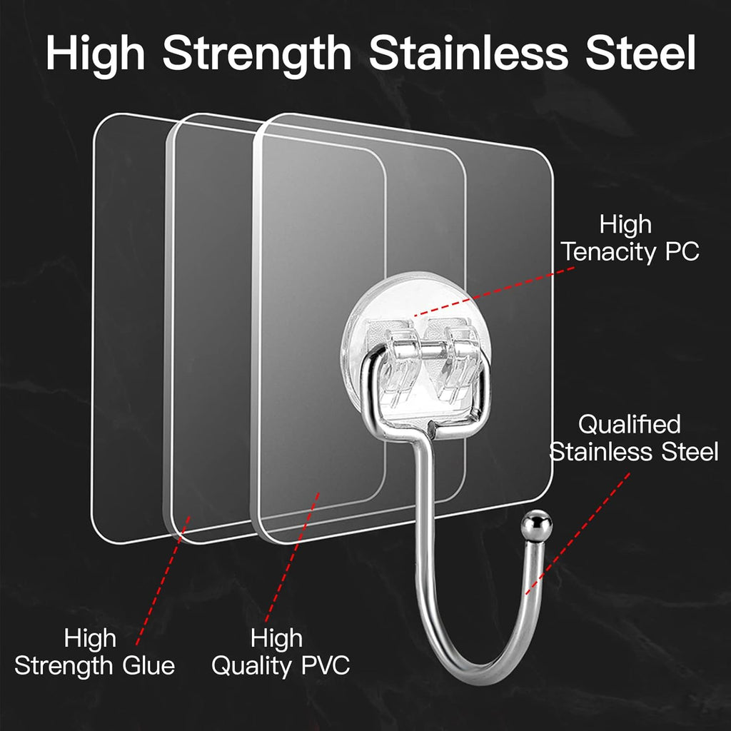 Large Hooks for Hanging Heavy-Duty 44Ib(Max) 10 Packs, Wall Hangers without Nails Self-Adhesive Traceless Clear and Removable, Waterproof and Rustproof Multiple Uses for Bathroom Kitchen Home