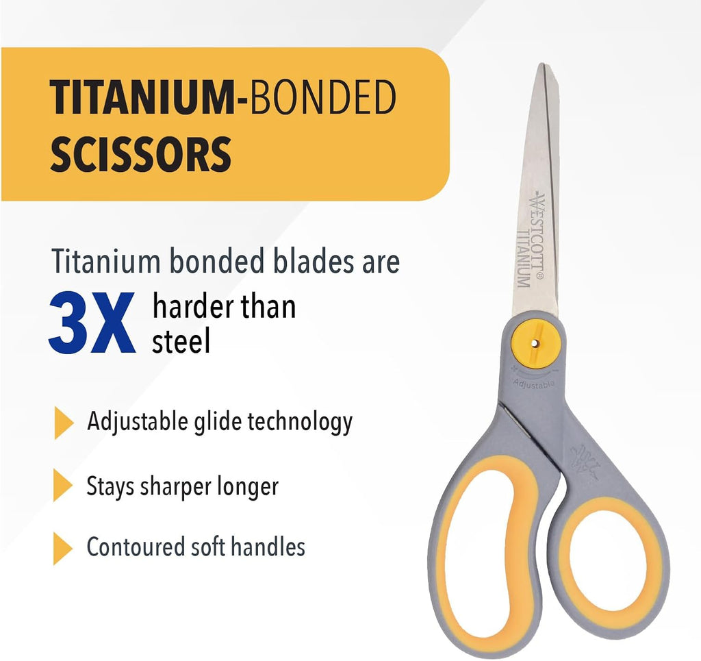 Westcott 8-Inch Titanium-Bonded Scissors with Adjustable Glide Feature for Office and Home - Gray/Yellow
