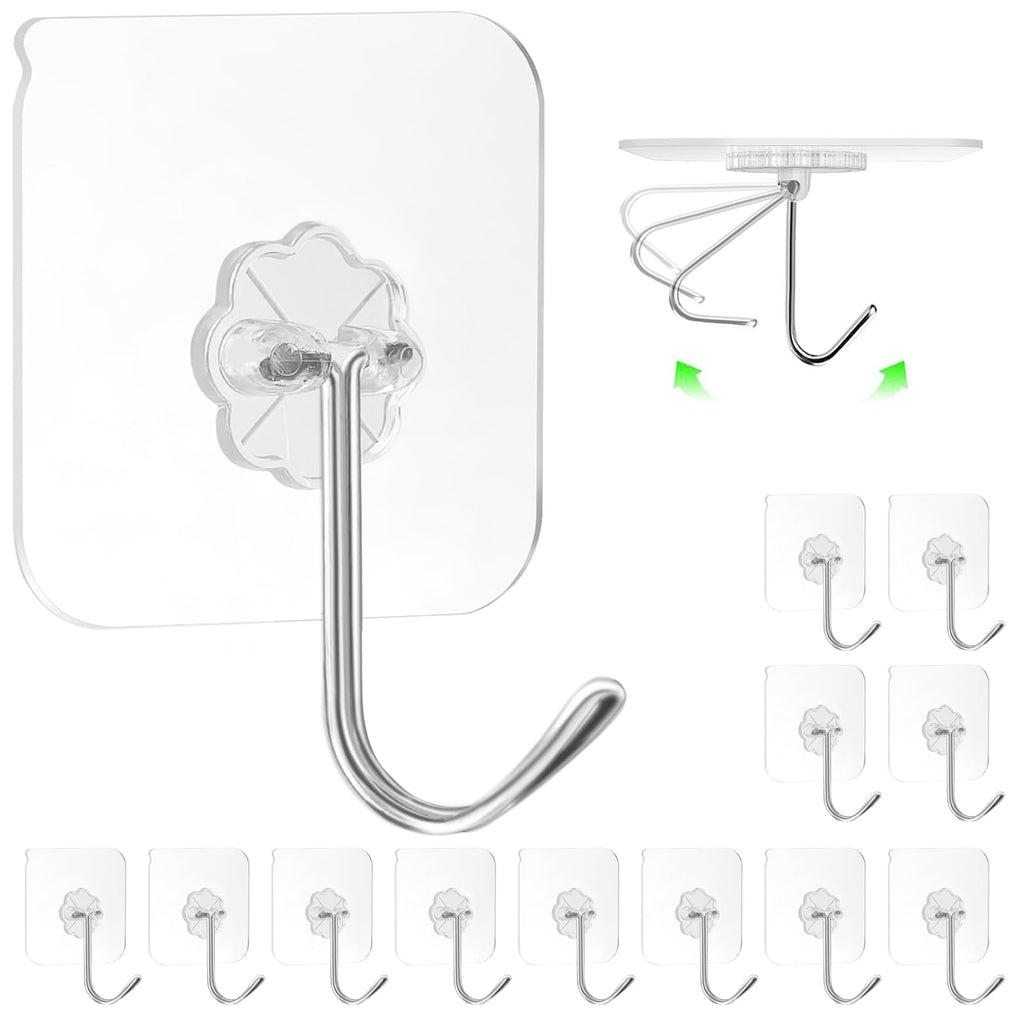 ZESLMG Adhesive Wall Hooks for Hanging, 16 Pack Self Sticky Hooks Heavy Duty 22lb Clear, Removable Shower Hook No Damage for Towel Key Coat Wreath Picture Outdoor Ceiling Bathroom Kitchen, Waterproof