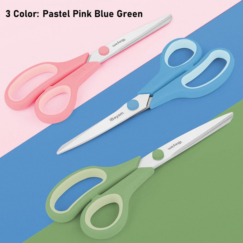 iBayam 8.5" Pastel Scissors All Purpose Heavy Duty 3Pack, 2.5mm Sharp Blade