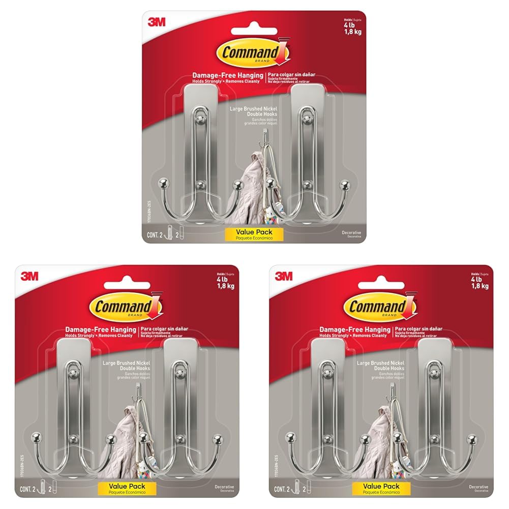 Command Large Matte Black Double Hooks, 2 Hooks and 2 Strips, Damage Free Hanging Wall Hooks with Adhesive Strips, No Tools Coat Hooks for Hanging Home Decor, Holds up to 4 lb