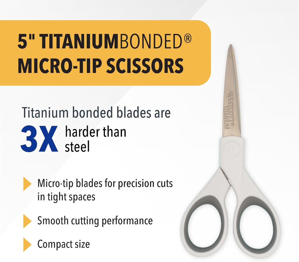 Westcott 5-Inch Micro-Tip Fabric Scissors with Titanium-Bonded Blades - Craft Scissors for Paper and Fabric, Sewing, and More