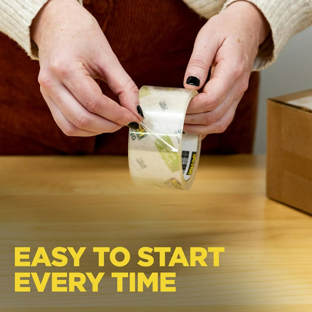 Scotch Sure Start Packing Tape, Clear, Quiet Unwind and Easy Start, Moving Supplies, 1.88 inch x 22.2 Yard, 2 Tape Rolls with Dispensers
