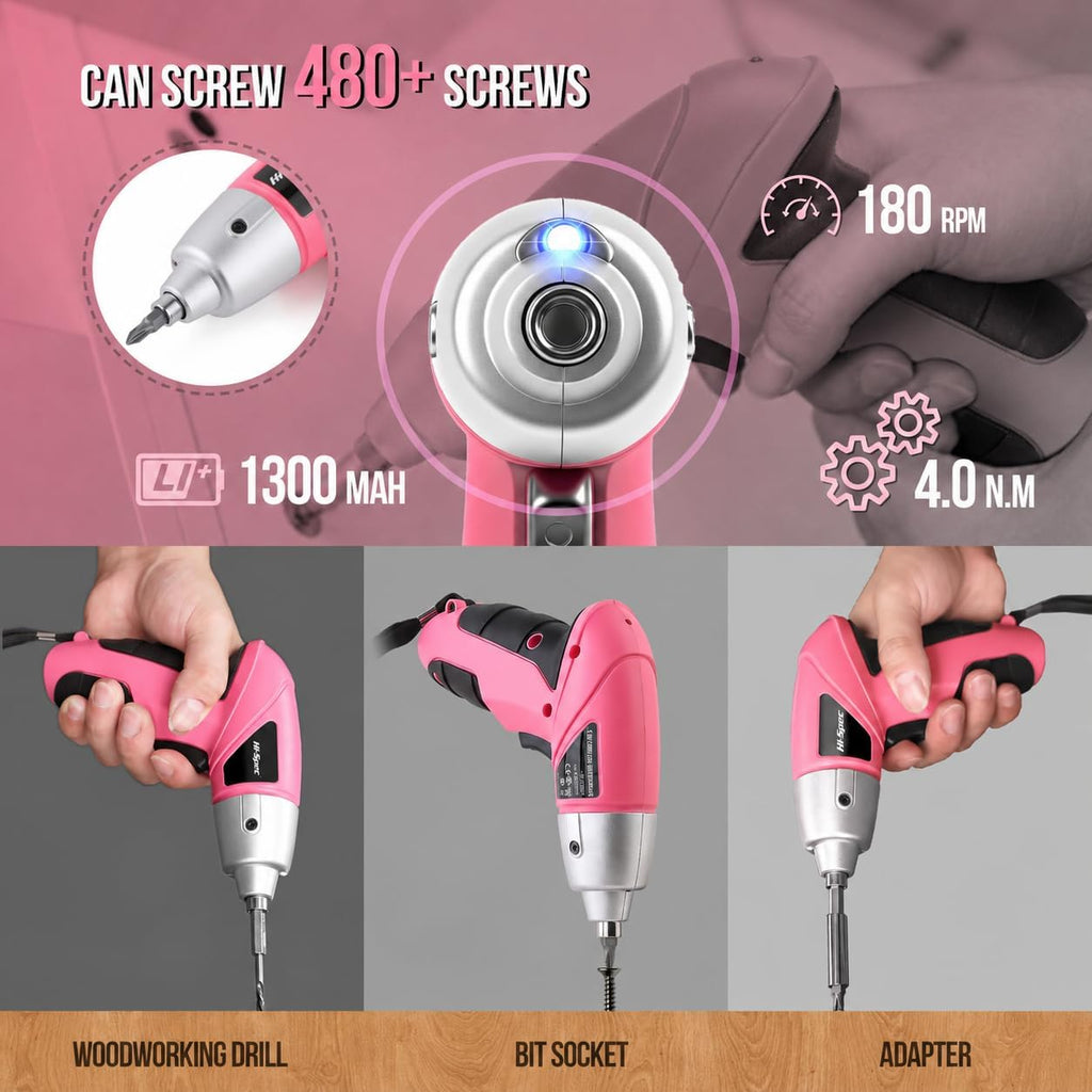 Hi-Spec Small Electric Screwdriver, Mini Drill Set, Rechargeable 3.6V Cordless Screwdriver with 26 Driver Bits, Power Tool for Small Projects & Home Use, Pink