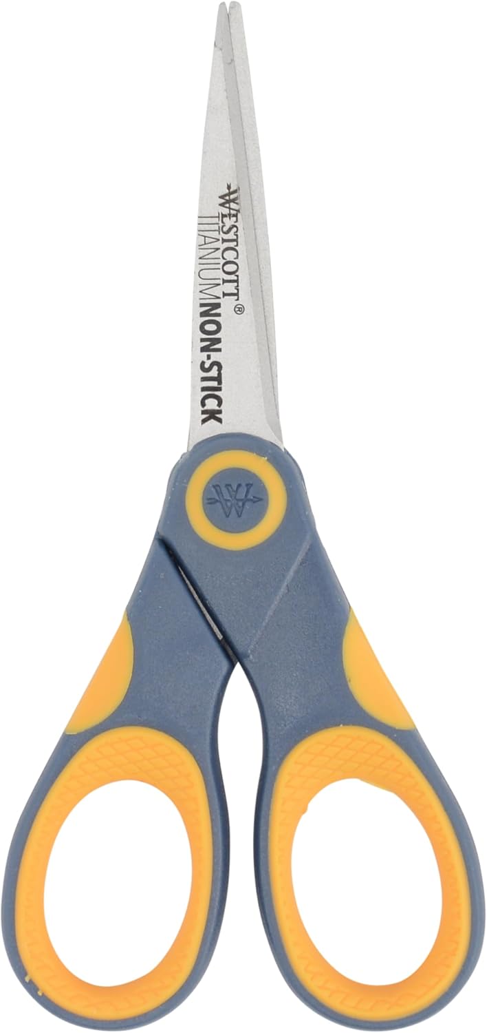 Westcott 5-Inch Non-Stick Titanium Scissors For Office and Home - Glide Adjust Technology - Grey/Yellow Craft, Fabric Scissors - 1 Pack