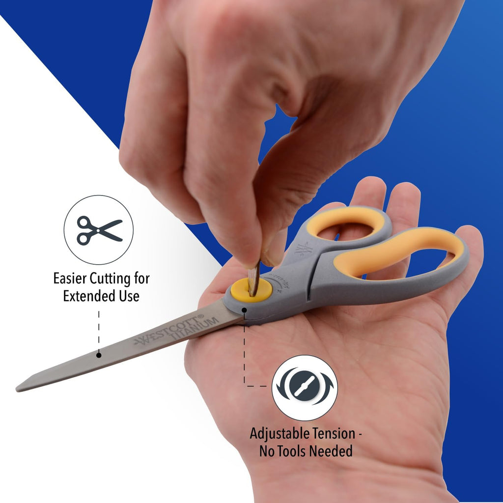 Westcott 8-Inch Titanium-Bonded Scissors with Adjustable Glide Feature for Office and Home - Gray/Yellow