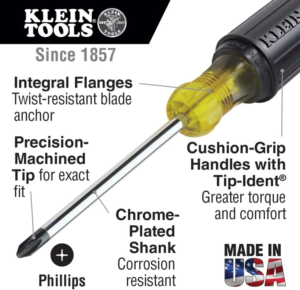 Klein Tools 85078 Screwdriver Set, Made in USA, All-Purpose Screwdriver Kit has 4 Phillips and 4 Flat Head Tips, Non-Slip Cushion Grip, 8-Piece