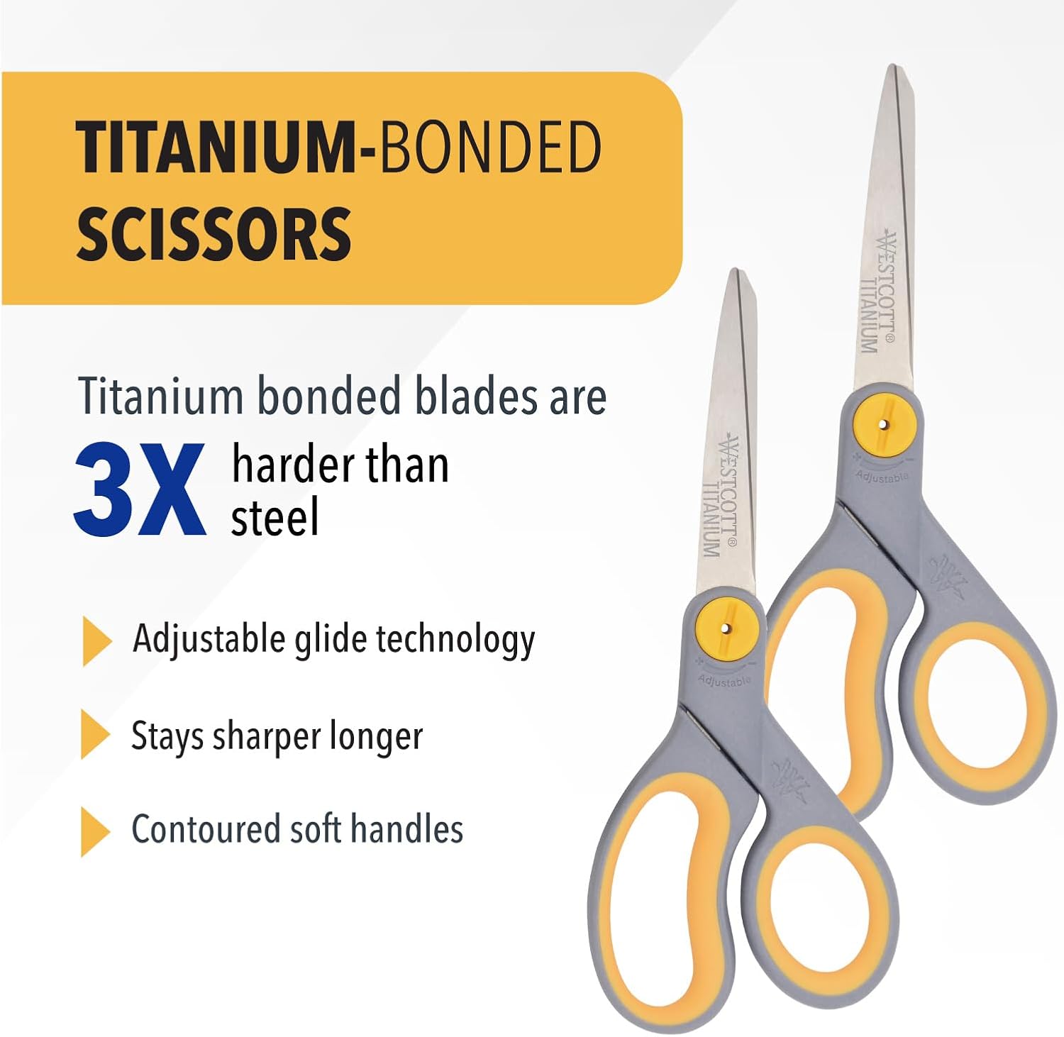 Westcott 8” Titanium Bonded Scissors with Adjustable Glide and Soft Handle, 2-Pack- Durable Multipurpose Scissors for Office, Home, and School Use, Sharp Precision Blades for Everyday Cutting