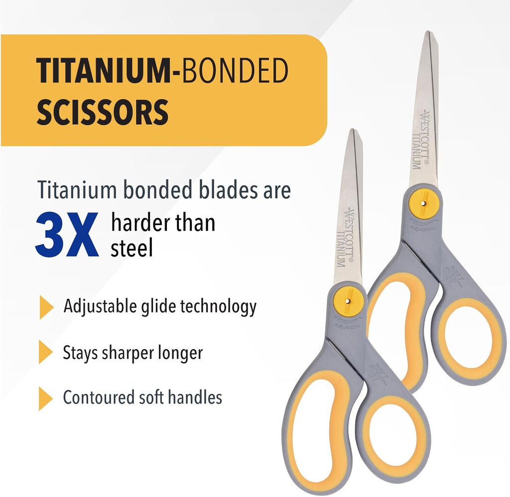 Westcott 8” Titanium Bonded Scissors with Adjustable Glide and Soft Handle, 2-Pack- Durable Multipurpose Scissors for Office, Home, and School Use, Sharp Precision Blades for Everyday Cutting