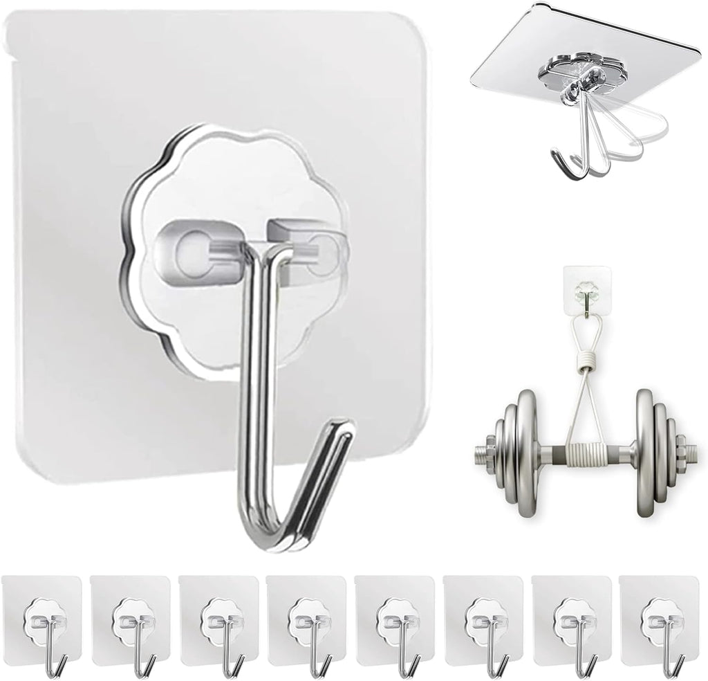 DDMY Adhesive Wall Hooks Clear 50lb(Max) Heavy Duty Hanging Sticky-10 Pack