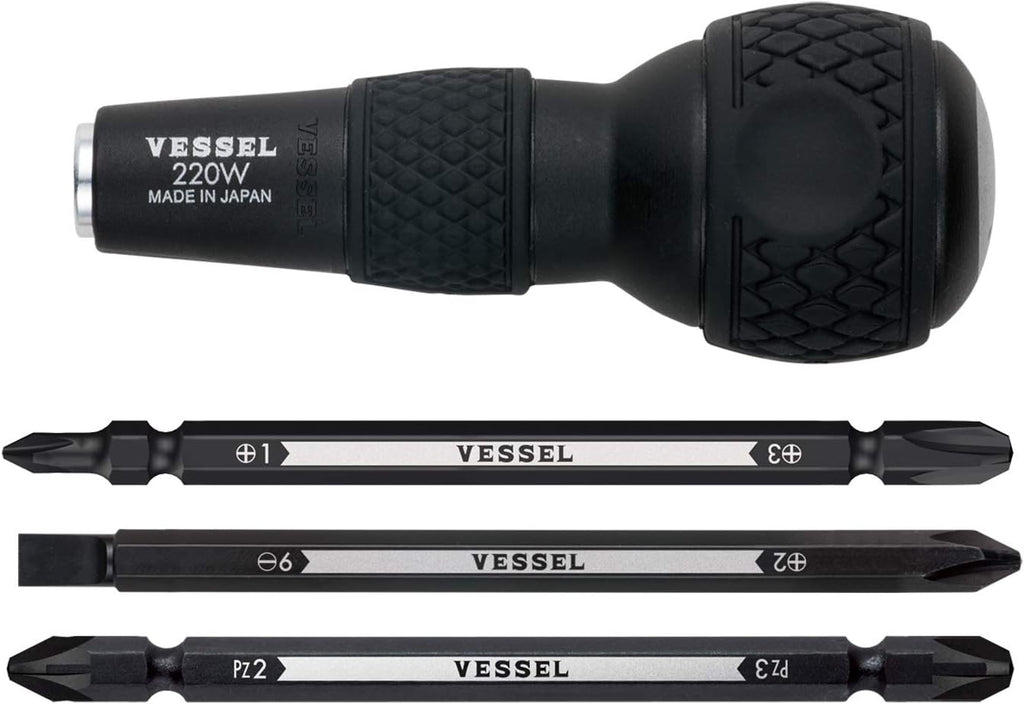 VESSEL BALL GRIP 1/4" Hex. Bit Interchangeable Screwdriver (Bit 3PC. (+1, +3 / +2, -6 / PZ2, PZ3) SET. 220W3J1)
