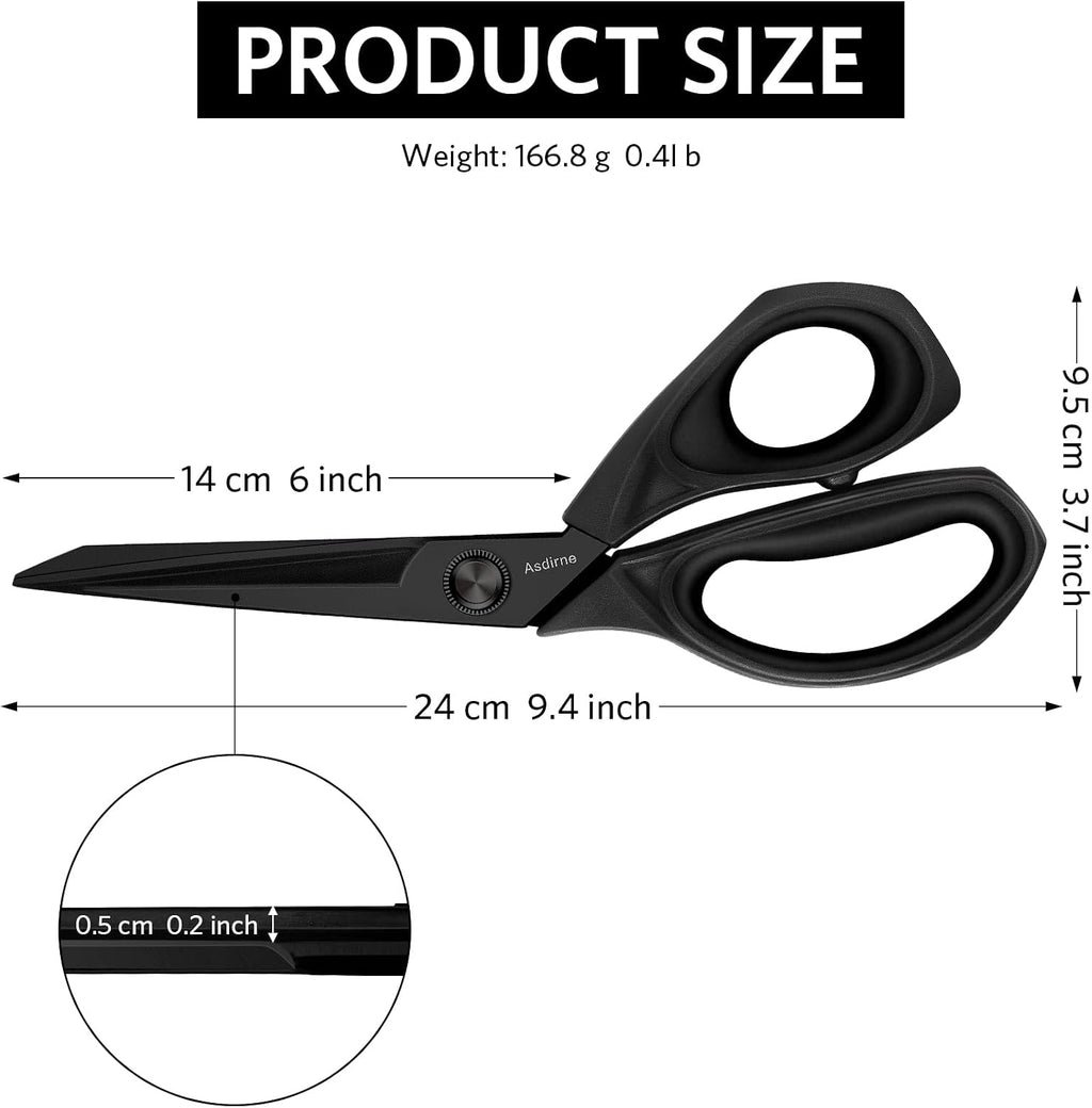 Asdirne Black Titanium Fabric Scissors, Dressmaking Scissors with Heavy Duty Multi-Purpose Titanium Coated Blades and Comfortable Soft Grip Handles, Black, 25CM