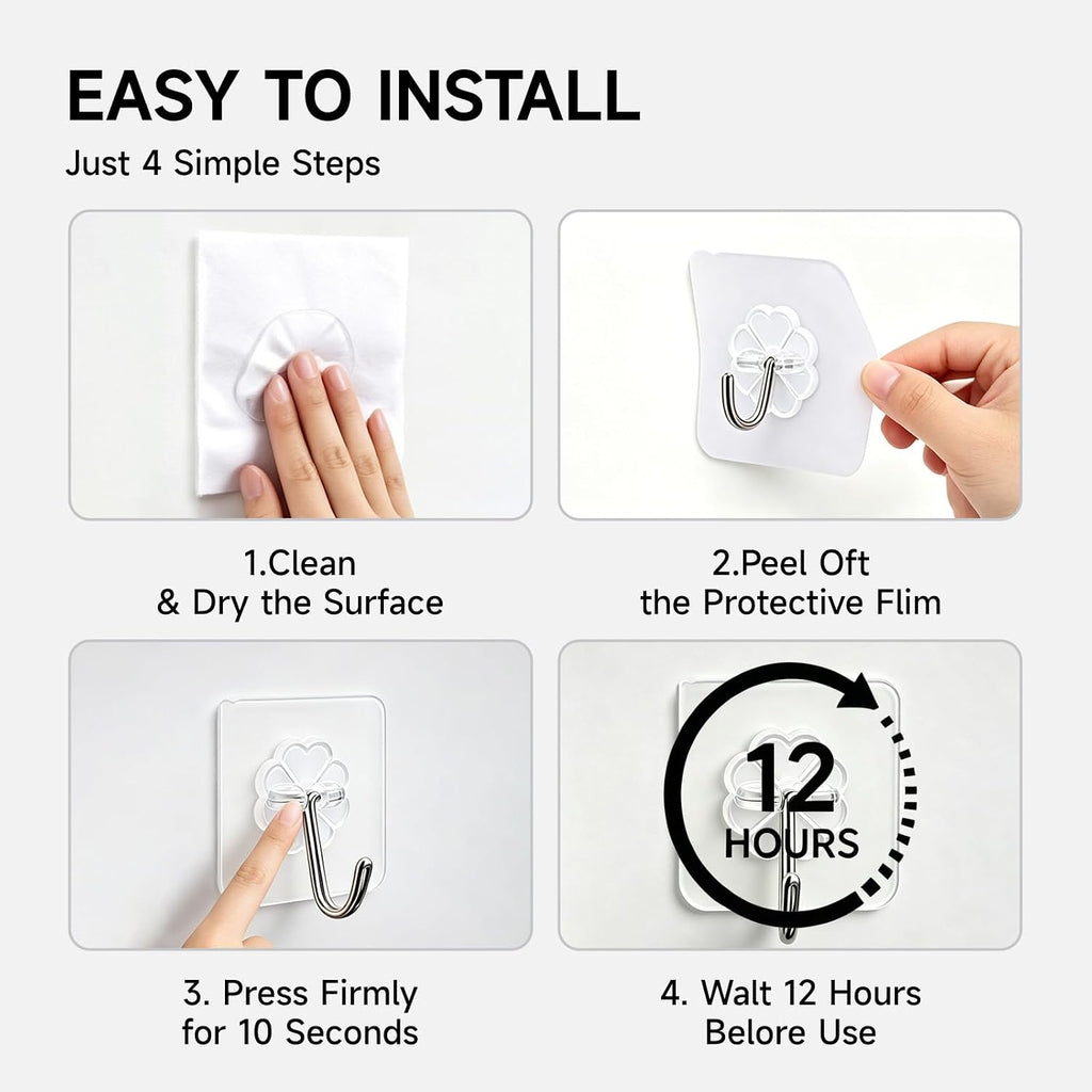 16 Pack Crystal Clear Adhesive Hooks for Hanging, Heavy Duty 22lb