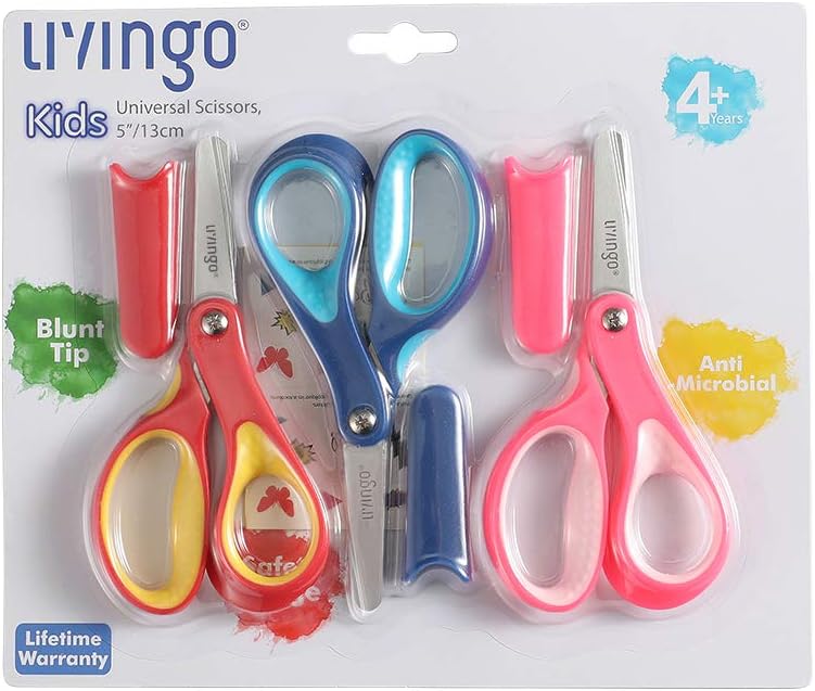 LIVINGO Kids Scissors 3 Pack, 5" Blunt Safety School Craft