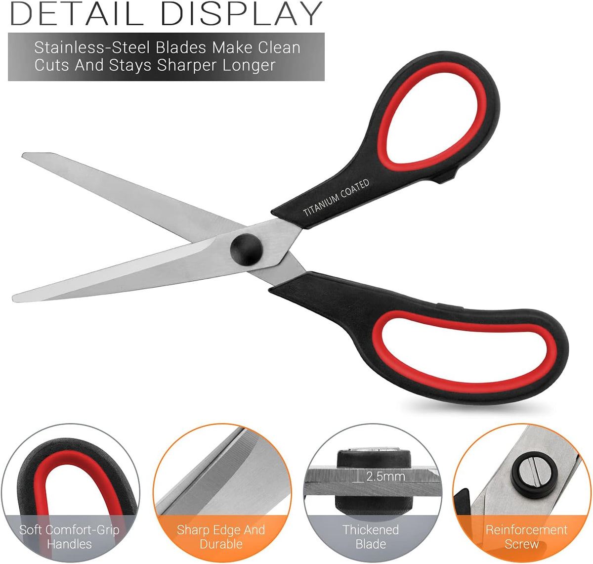 Scissors 8" Multipurpose Titanium Coated Sturdy Sharp, Black, 1 Pack