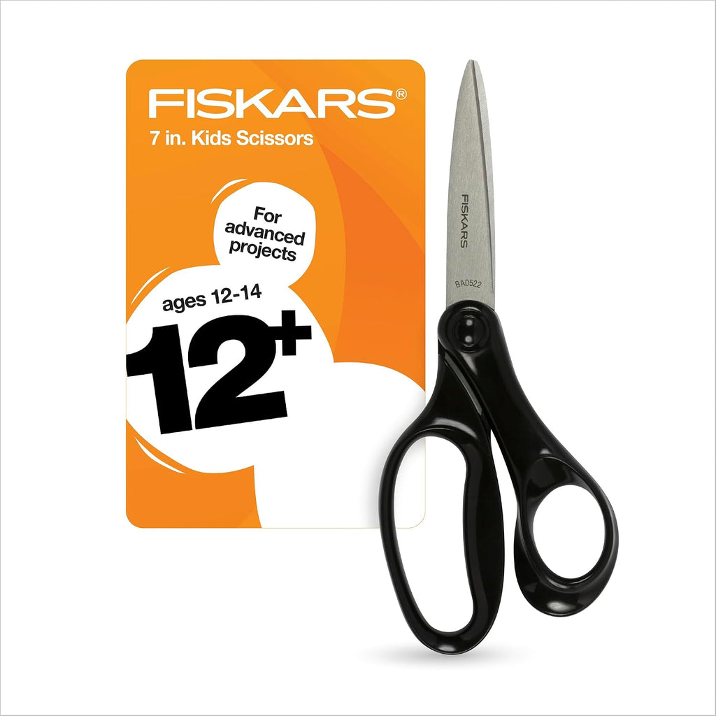 Fiskars 7" Student Scissors for Kids Ages 12-14, School & Crafting, Black