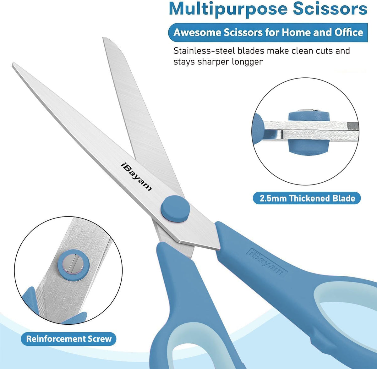 iBayam 8.5" Pastel Scissors All Purpose Heavy Duty 3Pack, 2.5mm Sharp Blade