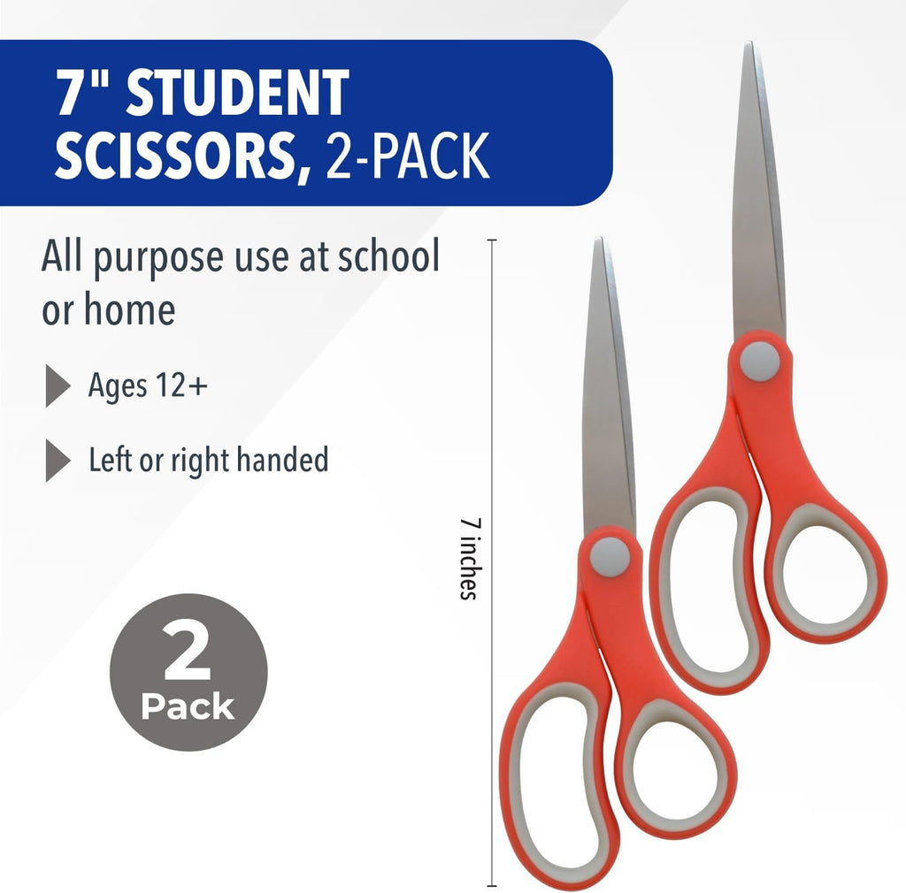 Westcott School Scissors for Kids Ages 12 and Up - Back to School Essentials and Classroom Supplies - 7-Inch Pointed Student Scissors - for Right- or Left-Handed Use - Red/Gray - 2 Pack
