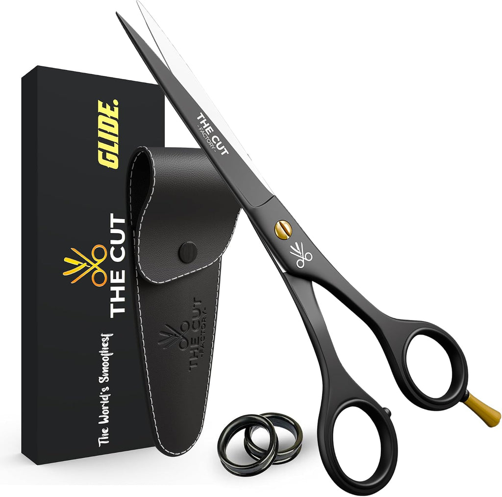 The Cut Factory® Hair Scissors & Hair Cutting Scissors - 6.5” Matte Black Professional Barber Shears with Micro-Serrated Blade, Gift Box & Leather Pouch