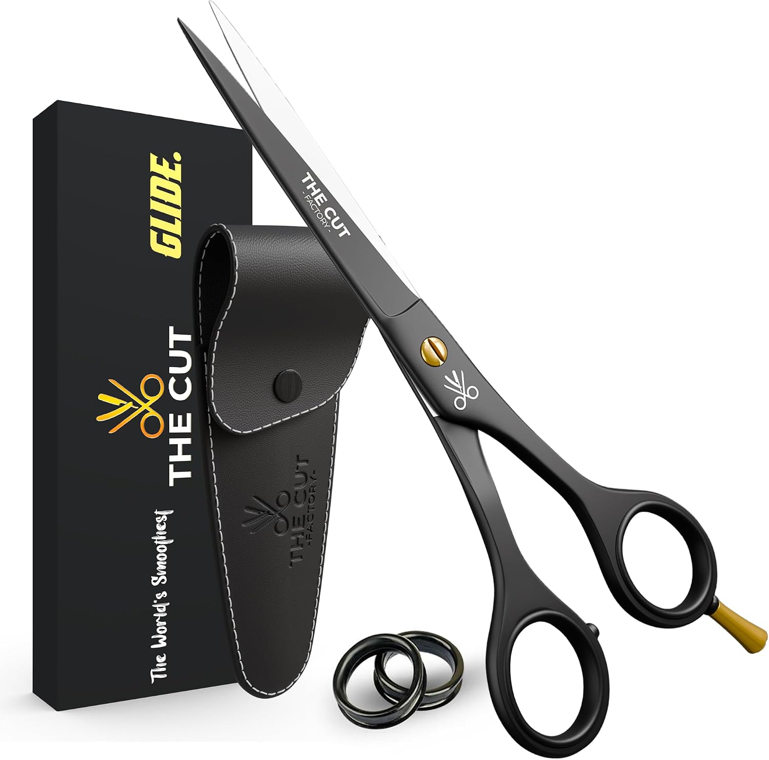 The Cut Factory® Hair Scissors & Hair Cutting Scissors - 6.5” Matte Black Professional Barber Shears with Micro-Serrated Blade, Gift Box & Leather Pouch