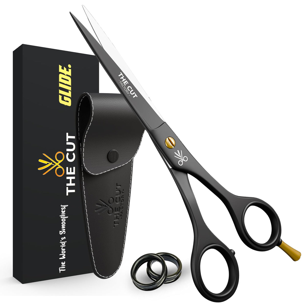 The Cut Factory® Hair Scissors & Hair Cutting Scissors - 6.5” Matte Black Professional Barber Shears with Micro-Serrated Blade, Gift Box & Leather Pouch