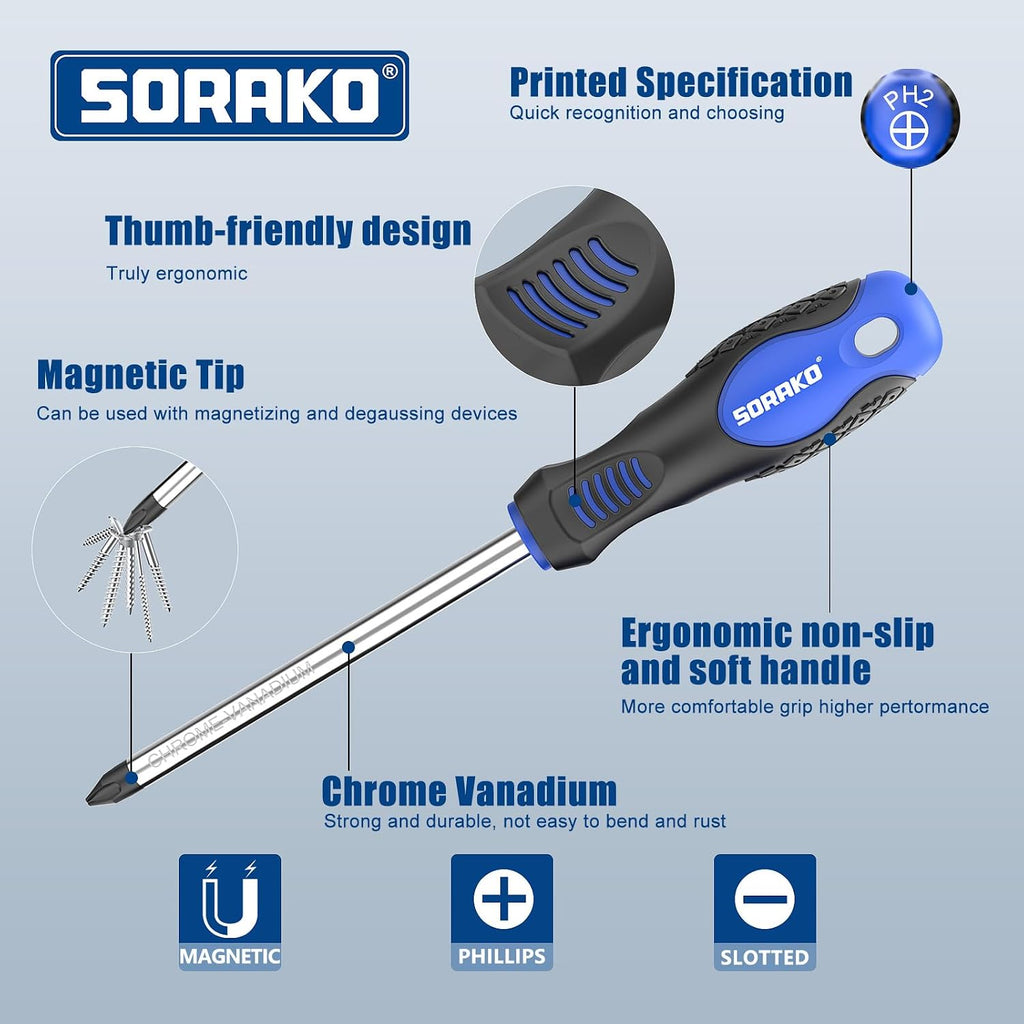 SORAKO 12 Piece Magnetic Screwdriver Set 5 Phillips and 5 Flat 1 Magnetising Tool 1 Storage Bag Professional Cushion Grip Hand Tools Set for Fastening and Loosening Seized
