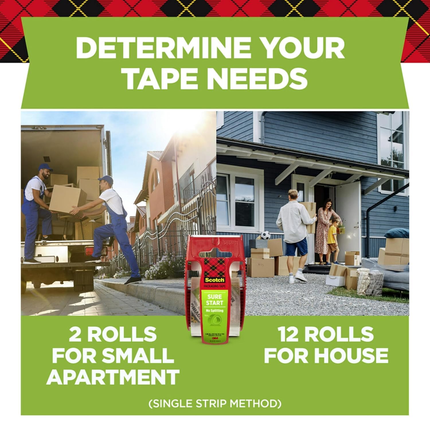 Scotch Sure Start Packing Tape, Clear, Quiet Unwind and Easy Start, Moving Supplies, 1.88 inch x 22.2 Yard, 2 Tape Rolls with Dispensers