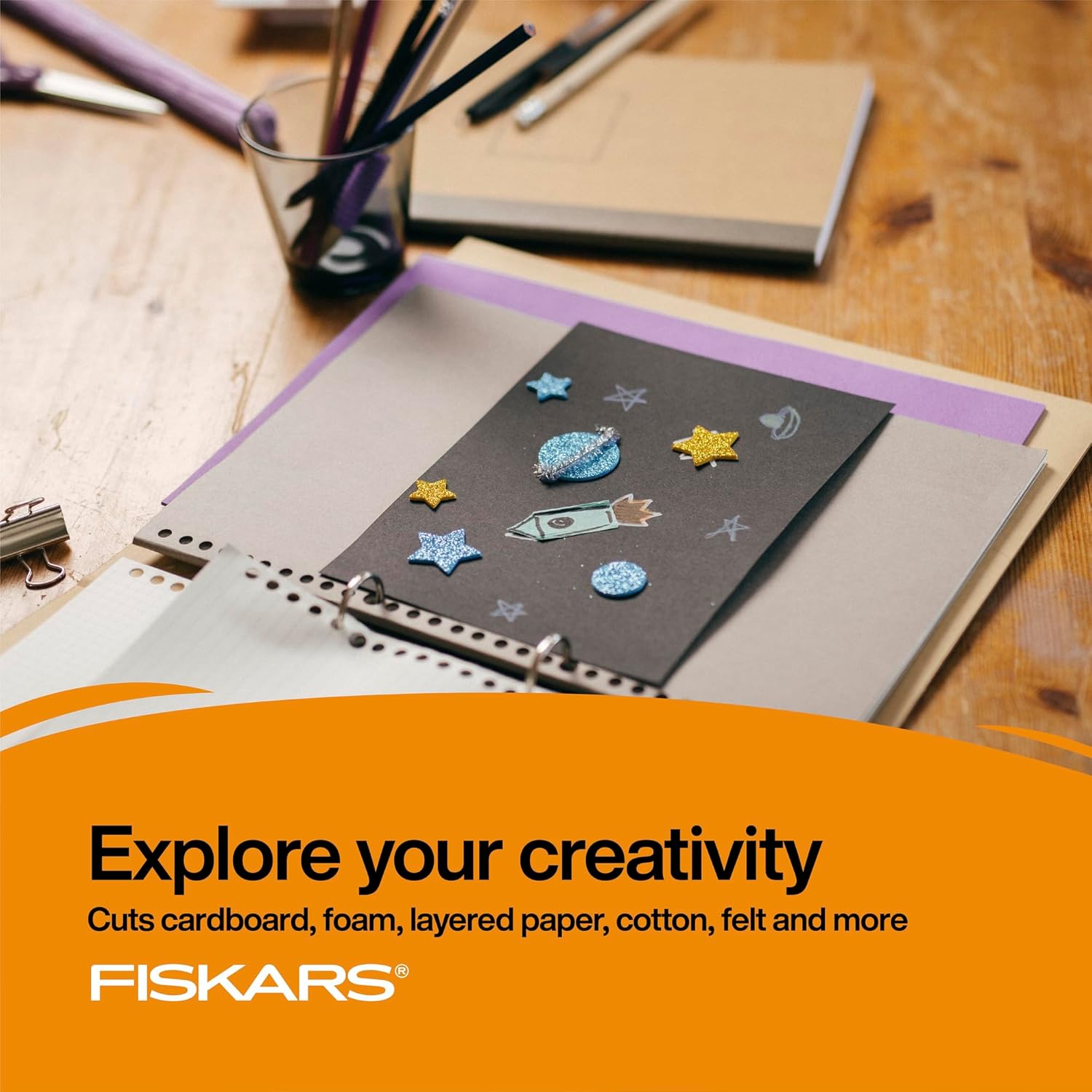 Fiskars 7" SoftGrip Student Glitter Scissors for Kids 12+, Black Glitter