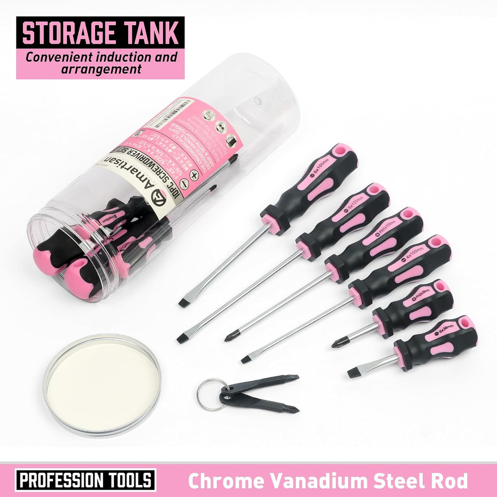 Amartisan 10-Piece Magnetic Screwdrivers Set, 5 Phillips and 5 Slotted Tips Professional Cushion Grip Screwdriver Set 2pcs Portable Multifunction Key Mini Screwdriver (Pink)