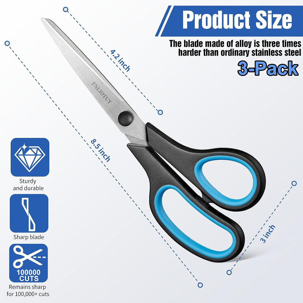 3-Pack 8" Scissors, Stainless Steel Craft Scissors, All Purpose Heavy Duty Scissors with Ultra Sharp Blades & Ergonomic Comfort Grip Handles, for Office, Home, School, Sewing & Crafts