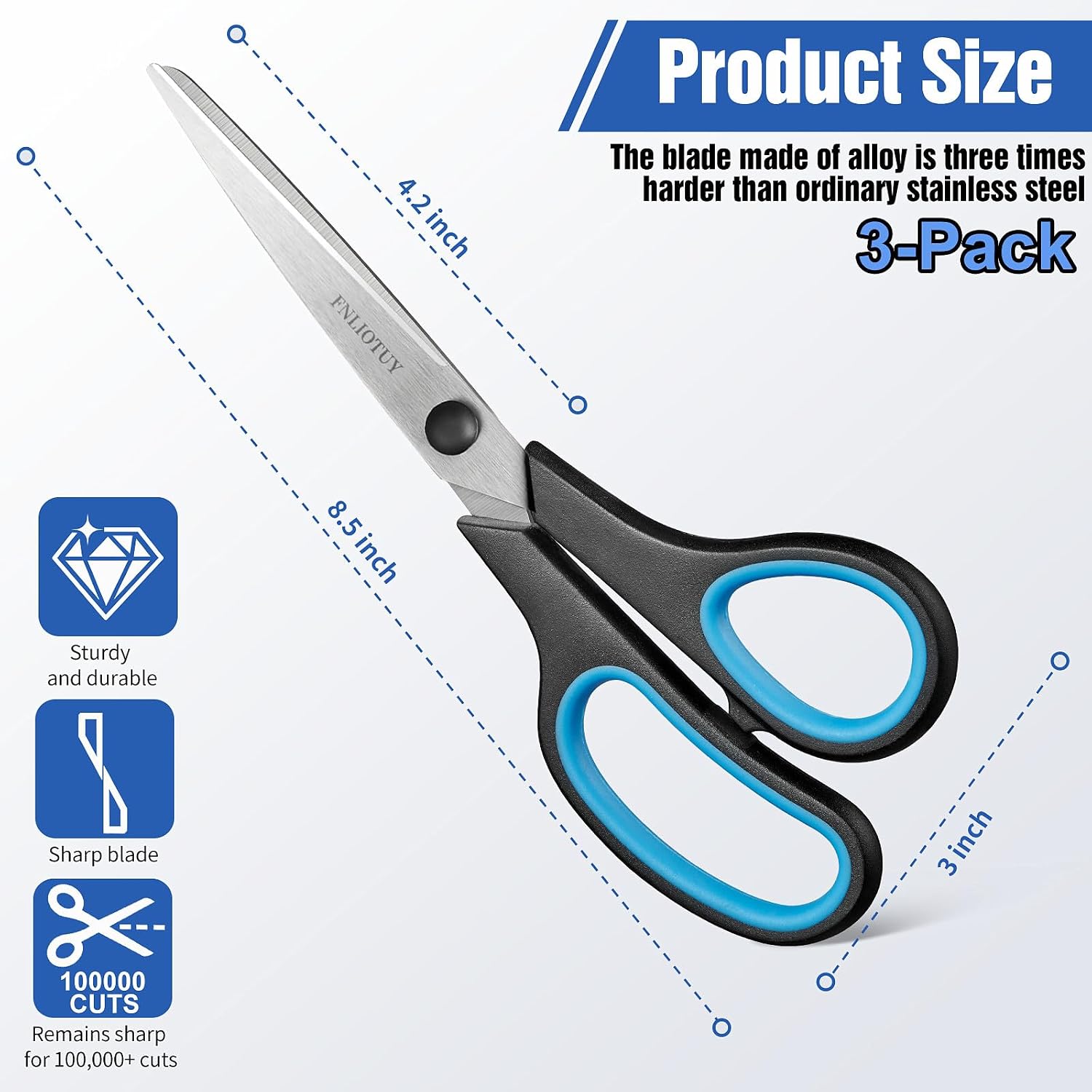 3-Pack 8" Scissors, Stainless Steel Craft Scissors, All Purpose Heavy Duty Scissors with Ultra Sharp Blades & Ergonomic Comfort Grip Handles, for Office, Home, School, Sewing & Crafts