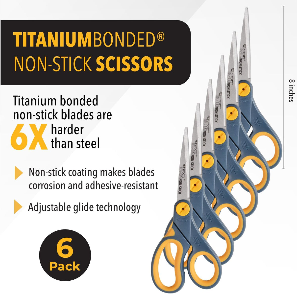 Westcott 8-Inch Non-Stick Titanium Scissors For Office and Home - Glide Adjust Technology - Grey/Yellow Craft, Fabric Scissors - 6 Pack