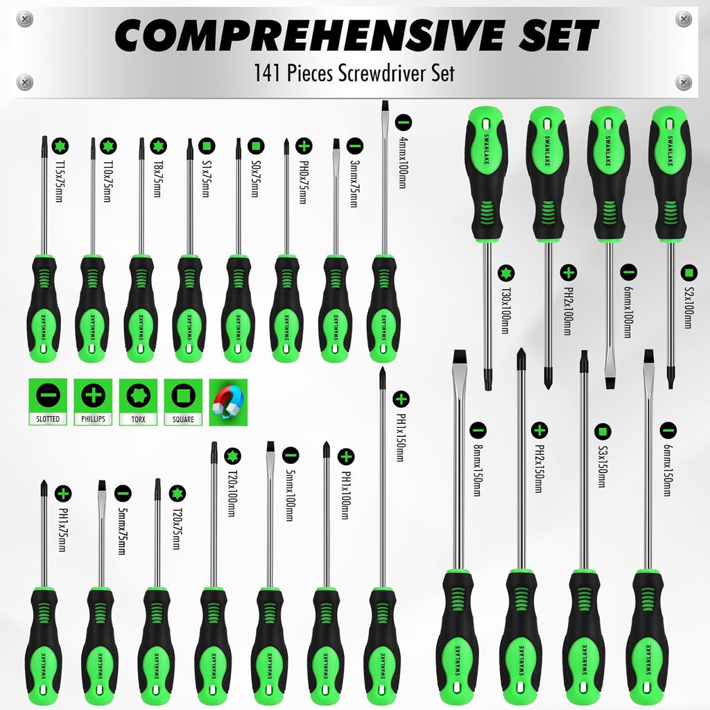 141-Piece Magnetic Screwdriver Set with Plastic Rack, Torx/Slotted/Phillips Precision Screwdrivers, SAE & Metric Hex Key Kit, Ratchet Handle & Screwdriver Bits, DIY Tools for Gift