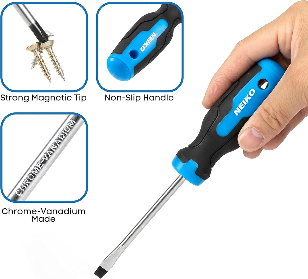 NEIKO 01378A Magnetic Screwdriver Set | 10 Piece | Phillips & Flathead | Heat Treated Chrome Vanadium Steel | Slotted Head Tip with Non-Slip Cushioned Handle Grips | Small Screw Driver Tool Kit