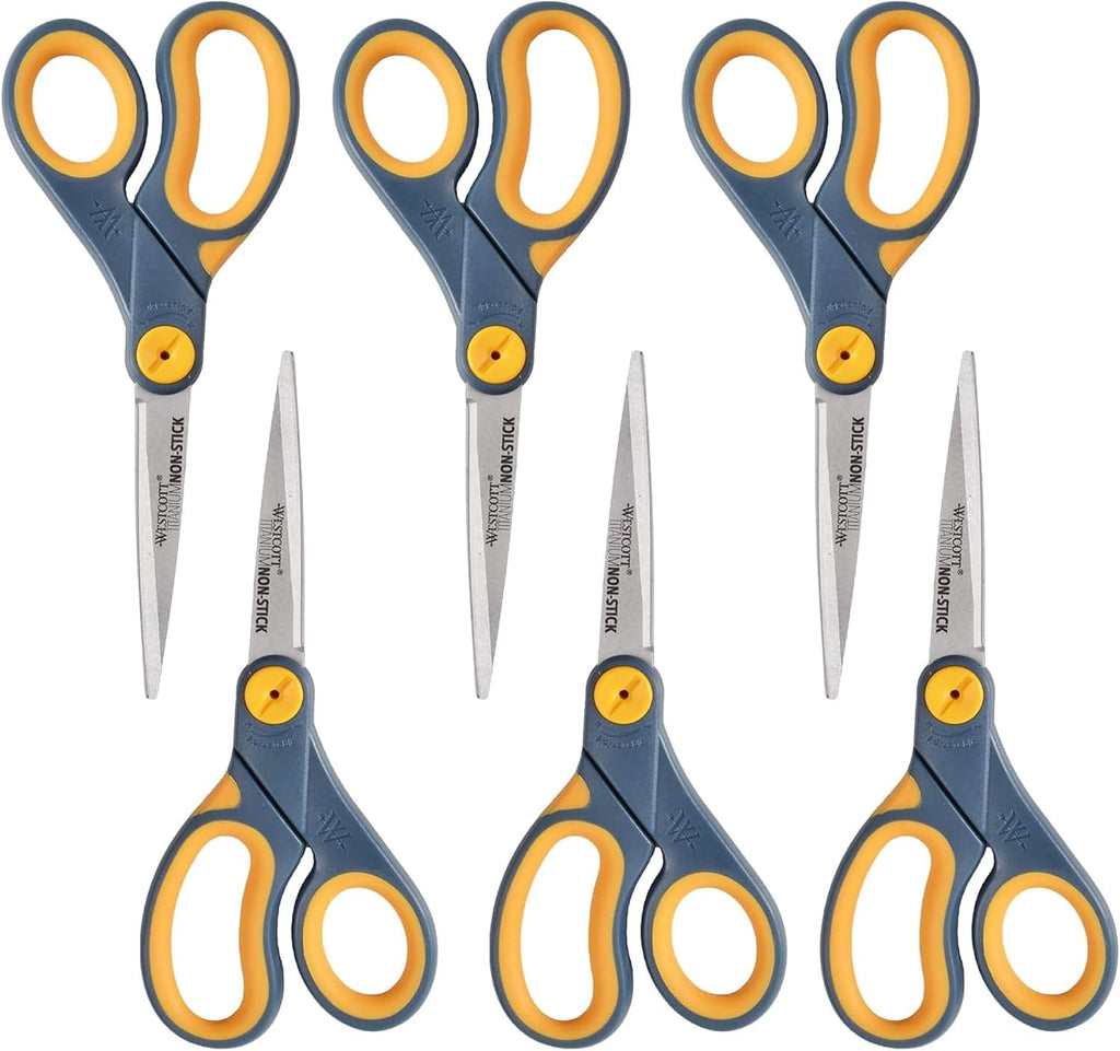 Westcott 8-Inch Non-Stick Titanium Scissors For Office and Home - Glide Adjust Technology - Grey/Yellow Craft, Fabric Scissors - 6 Pack