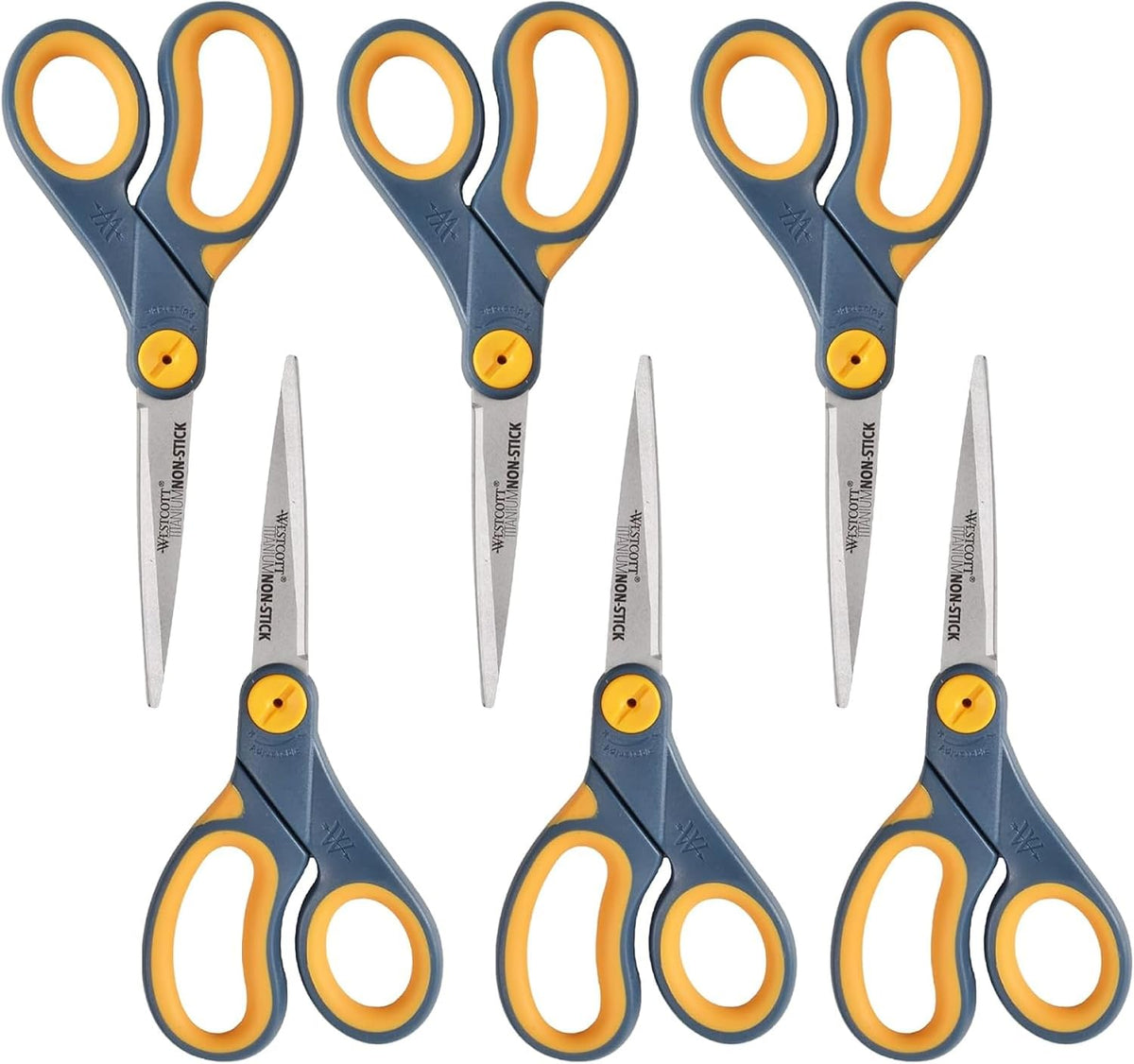 Westcott 8-Inch Non-Stick Titanium Scissors For Office and Home - Glide Adjust Technology - Grey/Yellow Craft, Fabric Scissors - 6 Pack