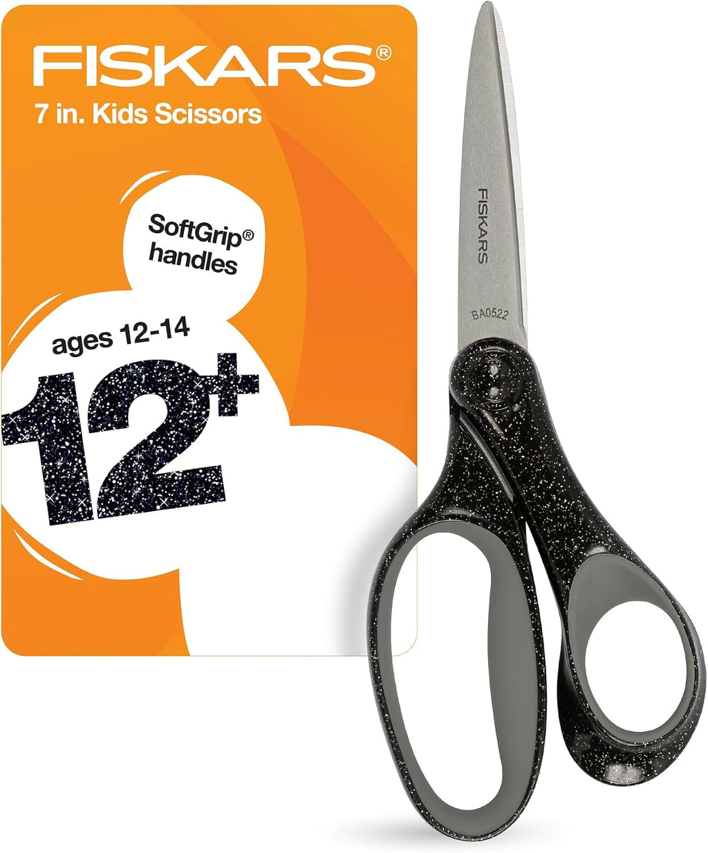 Fiskars 7" SoftGrip Student Glitter Scissors for Kids 12+, Black Glitter